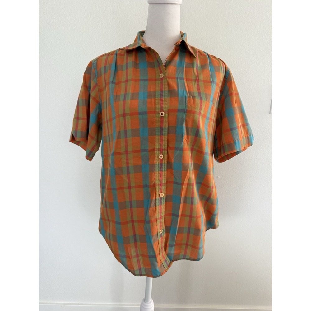 Women's Vintage John Henry Turquoise And Orange Short Sleeve Button Up Top